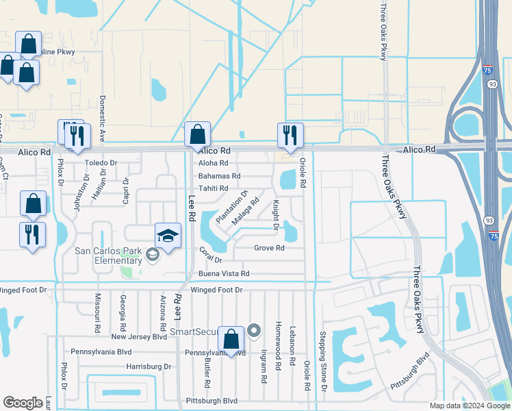 map of restaurants, bars, coffee shops, grocery stores, and more near 17215 Malaga Road in Fort Myers