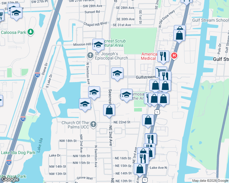 map of restaurants, bars, coffee shops, grocery stores, and more near 207 Seacrest Lane in Delray Beach