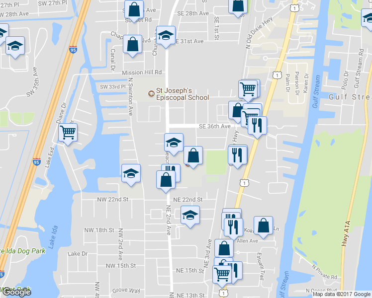 map of restaurants, bars, coffee shops, grocery stores, and more near 240 Seacrest Lane in Delray Beach