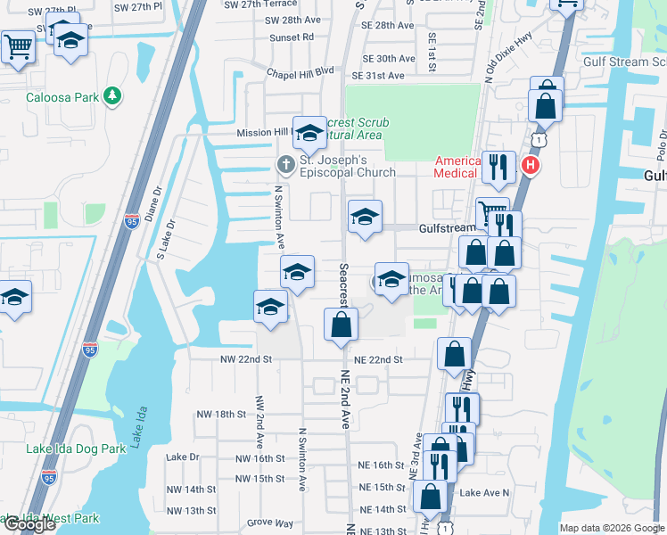 map of restaurants, bars, coffee shops, grocery stores, and more near 2640 Seacrest Boulevard in Delray Beach