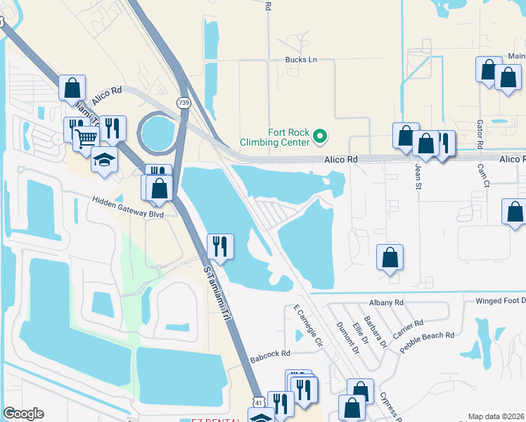 map of restaurants, bars, coffee shops, grocery stores, and more near 17153 Casselberry Lane in Fort Myers