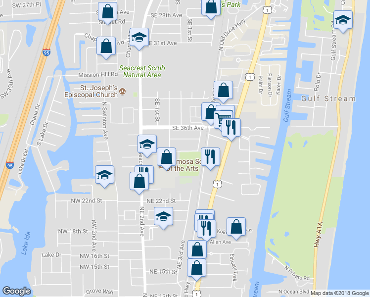 map of restaurants, bars, coffee shops, grocery stores, and more near 331 De Carie Street in Delray Beach