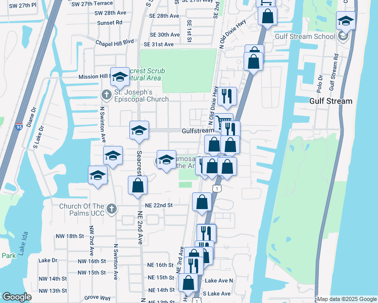 map of restaurants, bars, coffee shops, grocery stores, and more near 331 De Carie Street in Delray Beach