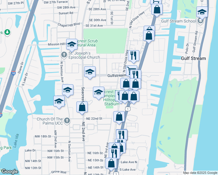 map of restaurants, bars, coffee shops, grocery stores, and more near 323 De Carie Street in Delray Beach