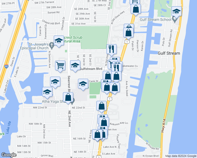map of restaurants, bars, coffee shops, grocery stores, and more near 343 De Carie Street in Delray Beach