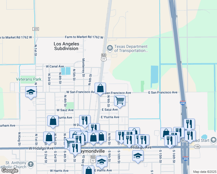 map of restaurants, bars, coffee shops, grocery stores, and more near 316 Ledesma Avenue in Raymondville