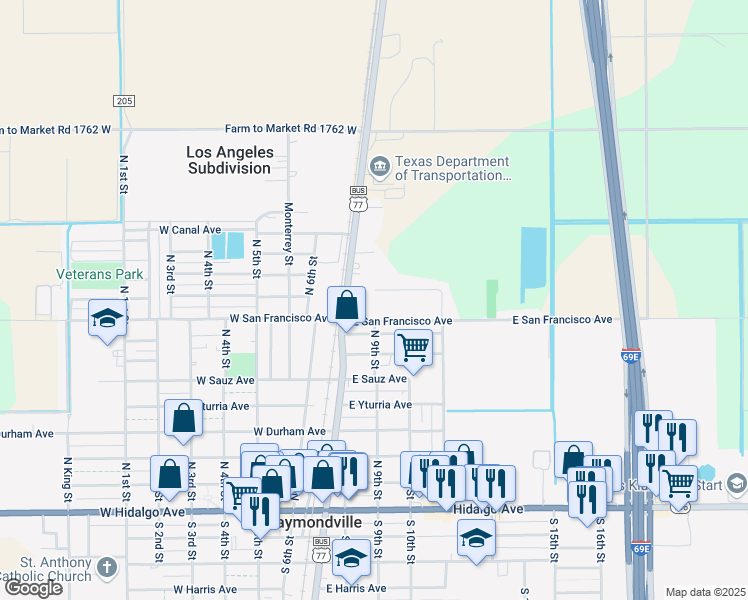 map of restaurants, bars, coffee shops, grocery stores, and more near 316 Ledesma Avenue in Raymondville