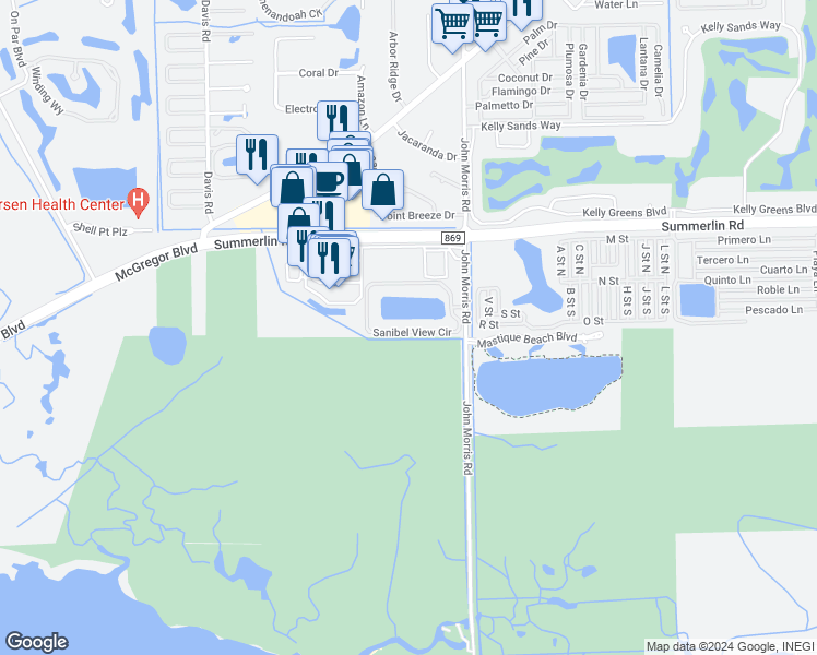 map of restaurants, bars, coffee shops, grocery stores, and more near 20041 Sanibel View Circle in Fort Myers