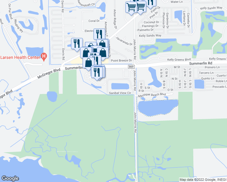 map of restaurants, bars, coffee shops, grocery stores, and more near 20041 Sanibel View Circle in Fort Myers