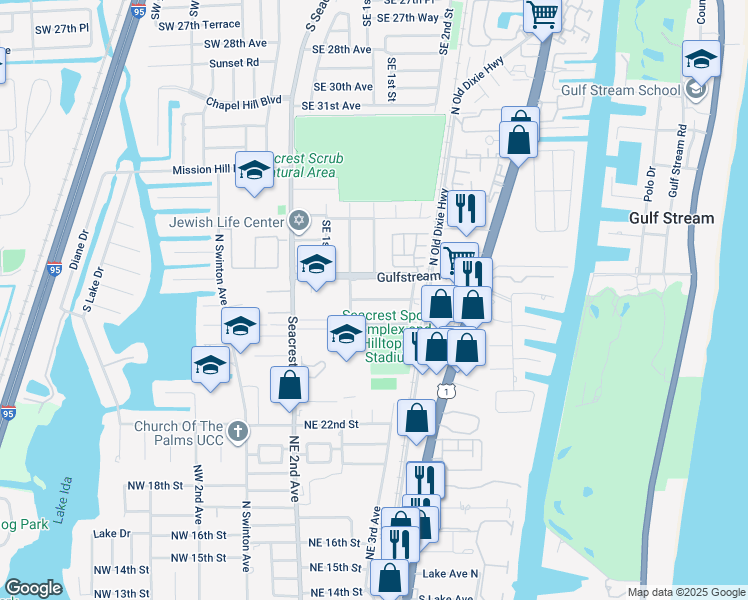 map of restaurants, bars, coffee shops, grocery stores, and more near Gulfstream Drive in Delray Beach