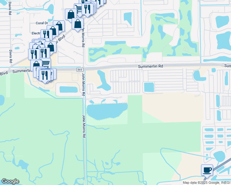map of restaurants, bars, coffee shops, grocery stores, and more near 19681 Summerlin Road in Fort Myers