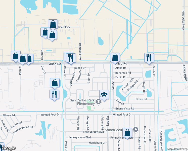 map of restaurants, bars, coffee shops, grocery stores, and more near 17150 Caloosa Trace Circle in Fort Myers