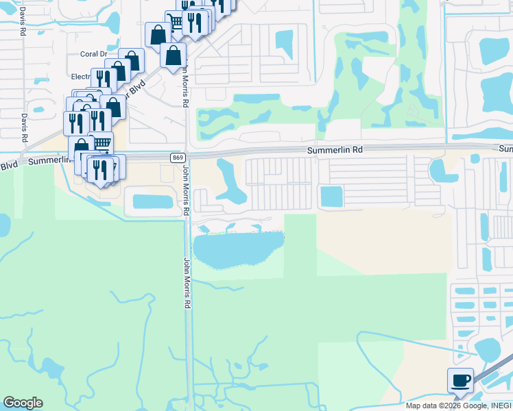 map of restaurants, bars, coffee shops, grocery stores, and more near 40 South Drive in Fort Myers