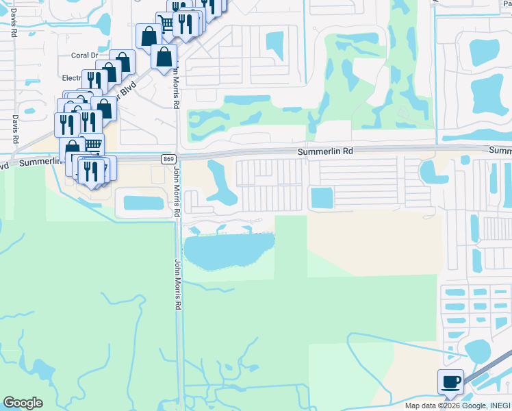 map of restaurants, bars, coffee shops, grocery stores, and more near 40 South Drive in Fort Myers