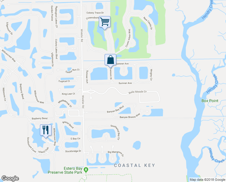 map of restaurants, bars, coffee shops, grocery stores, and more near 8671 Belle Meade Drive in Fort Myers