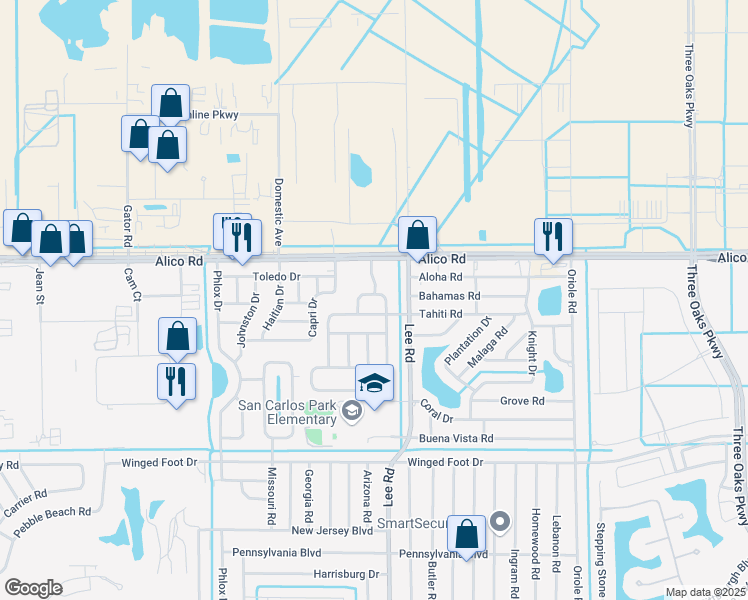 map of restaurants, bars, coffee shops, grocery stores, and more near 7441 Bear Hollow Circle in Fort Myers