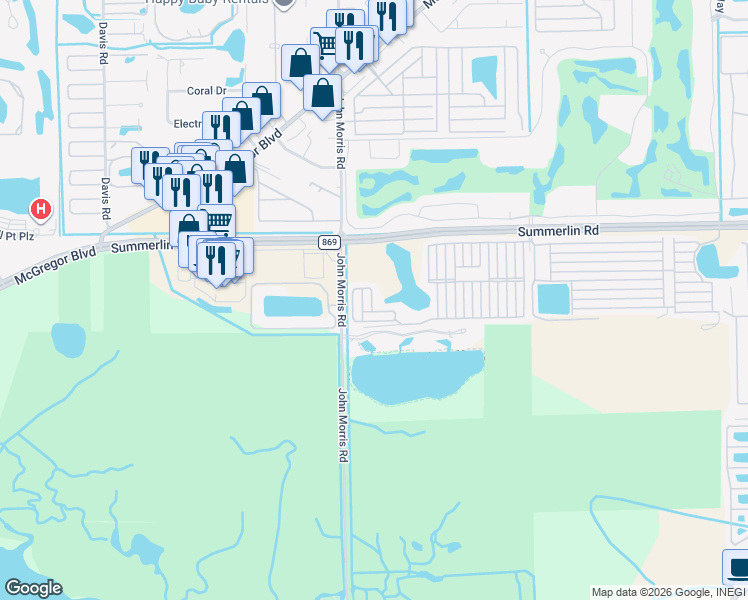 map of restaurants, bars, coffee shops, grocery stores, and more near 620 U Street in Fort Myers