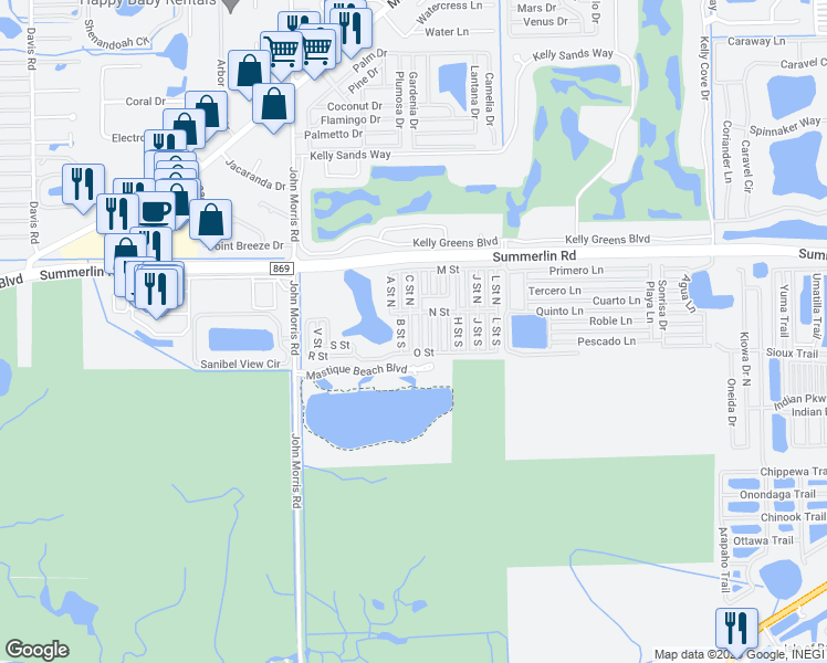 map of restaurants, bars, coffee shops, grocery stores, and more near 40 South Drive in Fort Myers