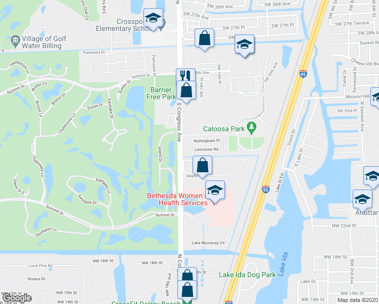 map of restaurants, bars, coffee shops, grocery stores, and more near 66 Lancaster Road in Boynton Beach