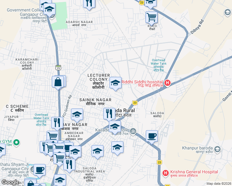 map of restaurants, bars, coffee shops, grocery stores, and more near Rajasthan State Highway 1 in Gangapur City