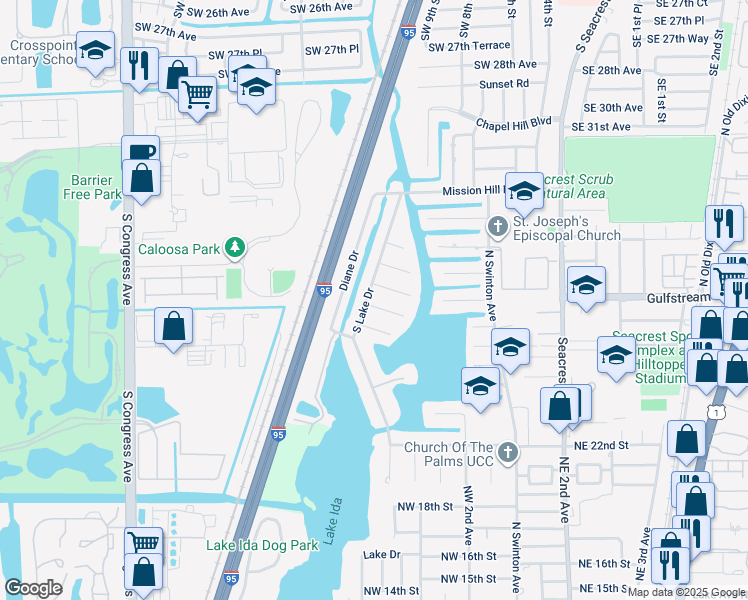 map of restaurants, bars, coffee shops, grocery stores, and more near 936 Southwest 36th Court in Boynton Beach