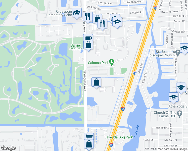 map of restaurants, bars, coffee shops, grocery stores, and more near 58 Lancaster Road in Boynton Beach