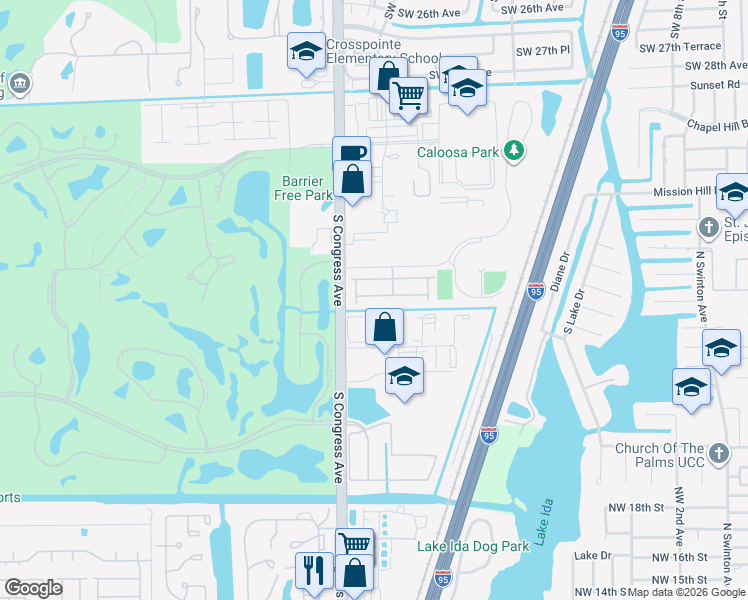 map of restaurants, bars, coffee shops, grocery stores, and more near 58 Lancaster Road in Boynton Beach