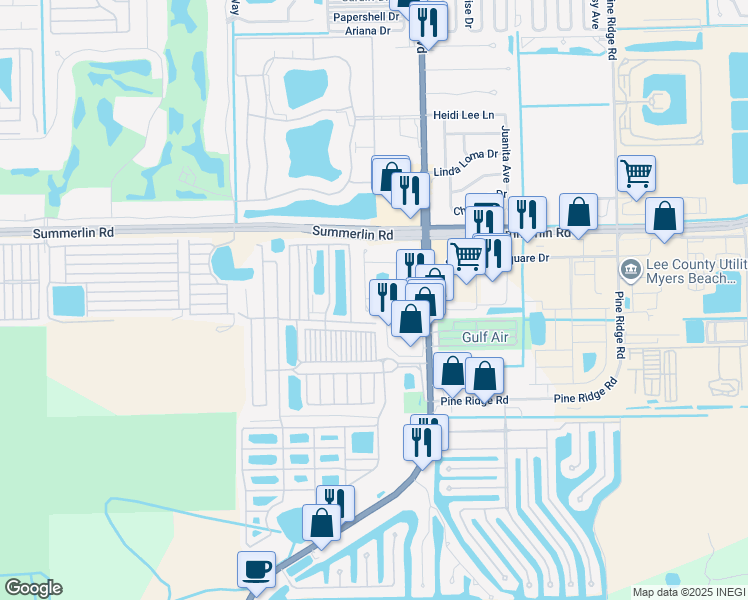 map of restaurants, bars, coffee shops, grocery stores, and more near 17309 Whitewater Court in Fort Myers Beach
