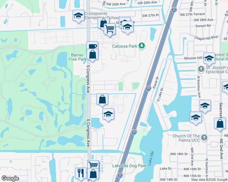map of restaurants, bars, coffee shops, grocery stores, and more near 36 Lancaster Road in Boynton Beach