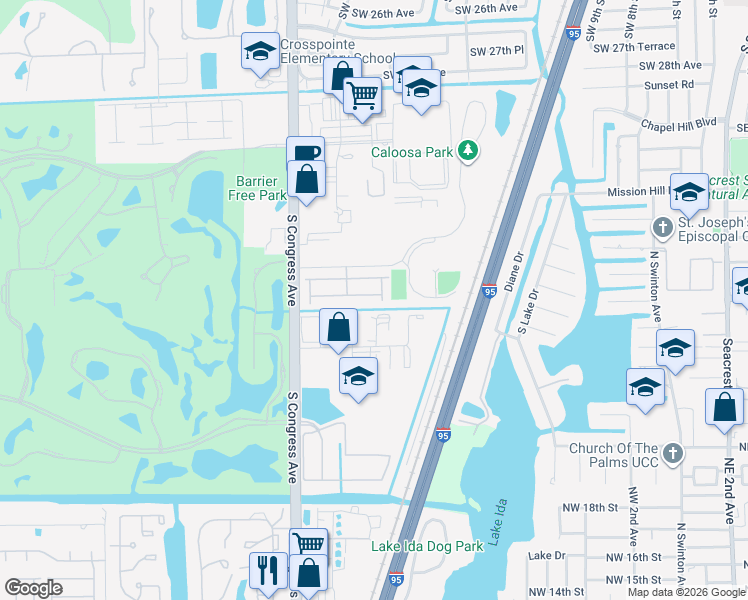map of restaurants, bars, coffee shops, grocery stores, and more near 36 Lancaster Road in Boynton Beach
