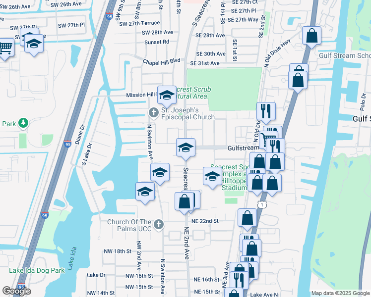 map of restaurants, bars, coffee shops, grocery stores, and more near Gulfstream Blvd & Seacrest Blvd in Delray Beach