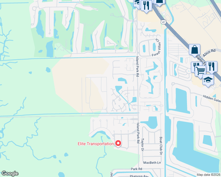 map of restaurants, bars, coffee shops, grocery stores, and more near 17201 Timber Oak Lane in Fort Myers