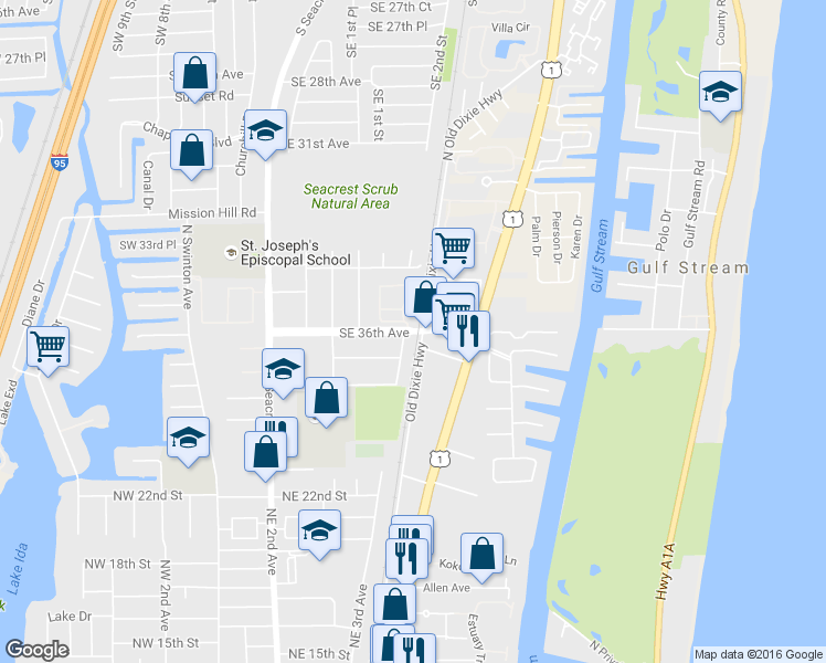 map of restaurants, bars, coffee shops, grocery stores, and more near Southeast 36th Avenue in Delray Beach