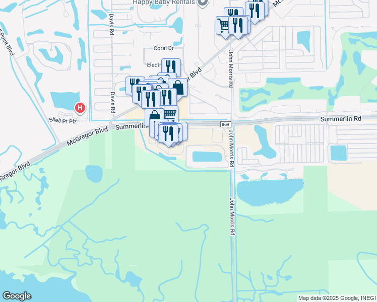 map of restaurants, bars, coffee shops, grocery stores, and more near 20291 Summerlin Road in Fort Myers