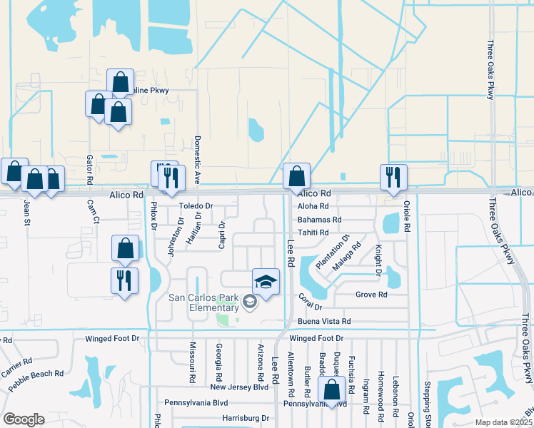 map of restaurants, bars, coffee shops, grocery stores, and more near 7441 Bear Hollow Circle in Fort Myers