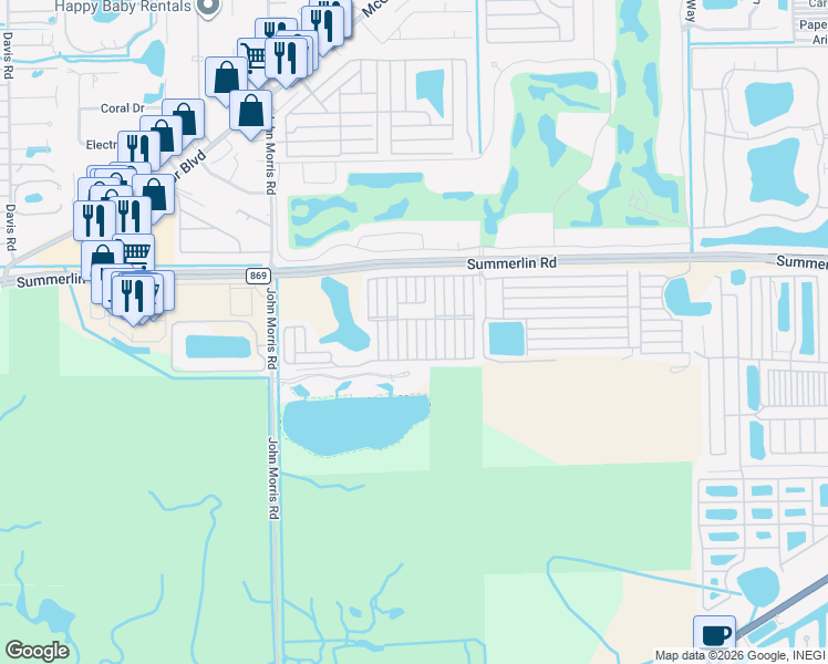 map of restaurants, bars, coffee shops, grocery stores, and more near 136 Seawind Drive in Fort Myers