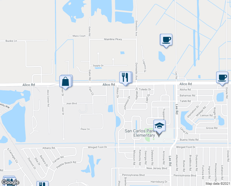 map of restaurants, bars, coffee shops, grocery stores, and more near 17132 Phlox Drive in Fort Myers