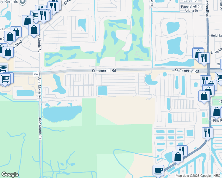 map of restaurants, bars, coffee shops, grocery stores, and more near Tropico Lane in Fort Myers