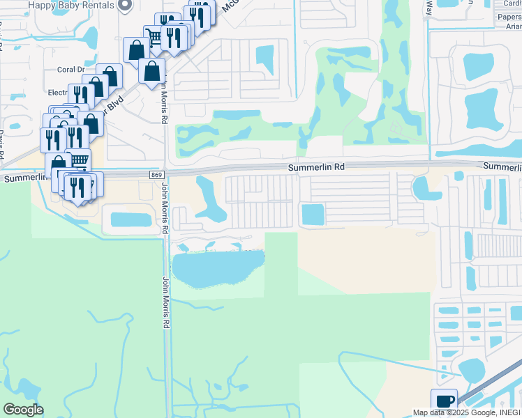 map of restaurants, bars, coffee shops, grocery stores, and more near 19681 Summerlin Road in Fort Myers