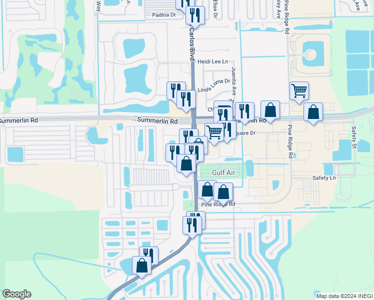 map of restaurants, bars, coffee shops, grocery stores, and more near 17170 San Carlos Boulevard in Fort Myers Beach