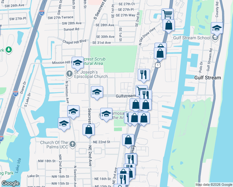 map of restaurants, bars, coffee shops, grocery stores, and more near 335 Gulfstream Boulevard in Boynton Beach