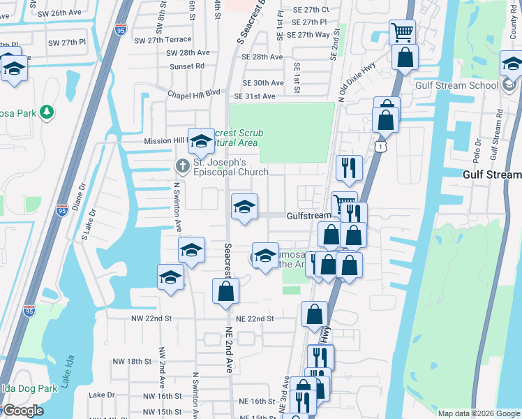 map of restaurants, bars, coffee shops, grocery stores, and more near 217 Gulfstream Boulevard in Boynton Beach