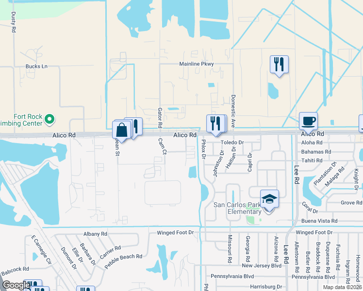 map of restaurants, bars, coffee shops, grocery stores, and more near 17030 Alico Commerce Court in Fort Myers