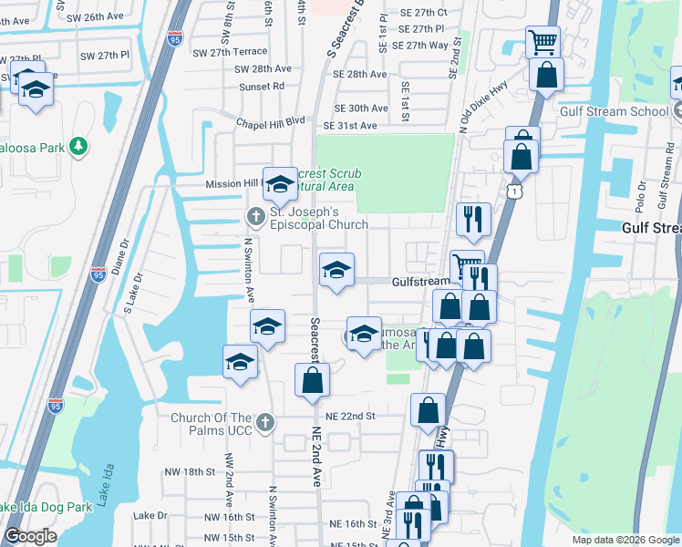 map of restaurants, bars, coffee shops, grocery stores, and more near 217 Gulfstream Boulevard in Boynton Beach