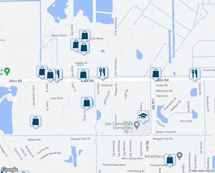 map of restaurants, bars, coffee shops, grocery stores, and more near 17128 Johnston Drive in Fort Myers