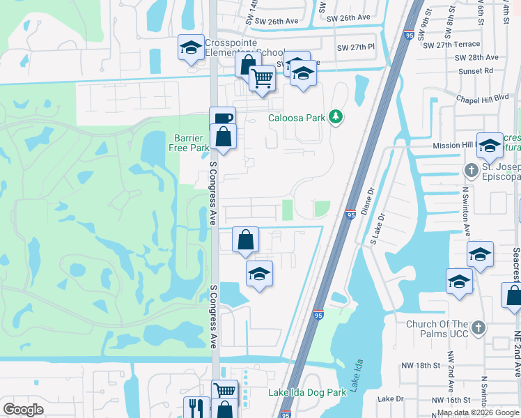 map of restaurants, bars, coffee shops, grocery stores, and more near 36 Lancaster Road in Boynton Beach