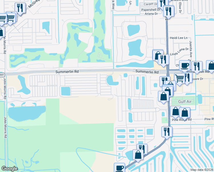 map of restaurants, bars, coffee shops, grocery stores, and more near 19111 Summerlin Road in Fort Myers