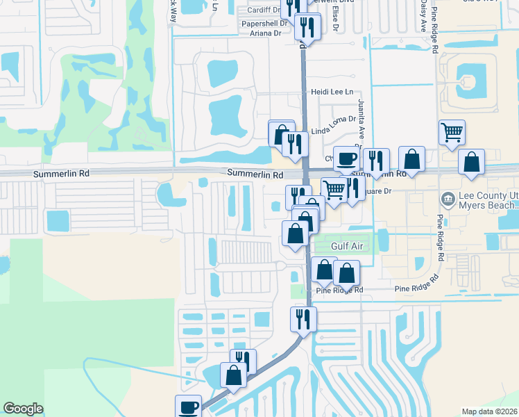 map of restaurants, bars, coffee shops, grocery stores, and more near 17268 Whitewater Court in Fort Myers Beach