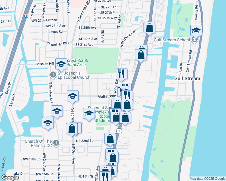map of restaurants, bars, coffee shops, grocery stores, and more near Lauren Pine Place in Boynton Beach