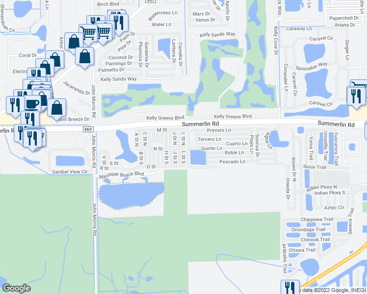map of restaurants, bars, coffee shops, grocery stores, and more near L Street North in Lee County